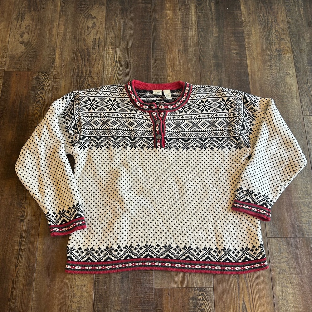 100% Cotton L. L. Bean Black and White Nordic Pattern Sweater with Red Accents